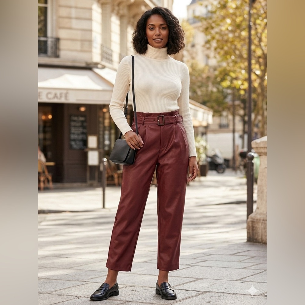 Who What Wear Burgundy Faux Leather Belted Trousers‎ - Size 12